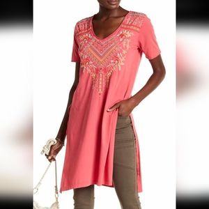 JWLA Johnny Was Los Angeles Sonya Side Slit Coral Embroidered Tunic Top EUC SZ S
